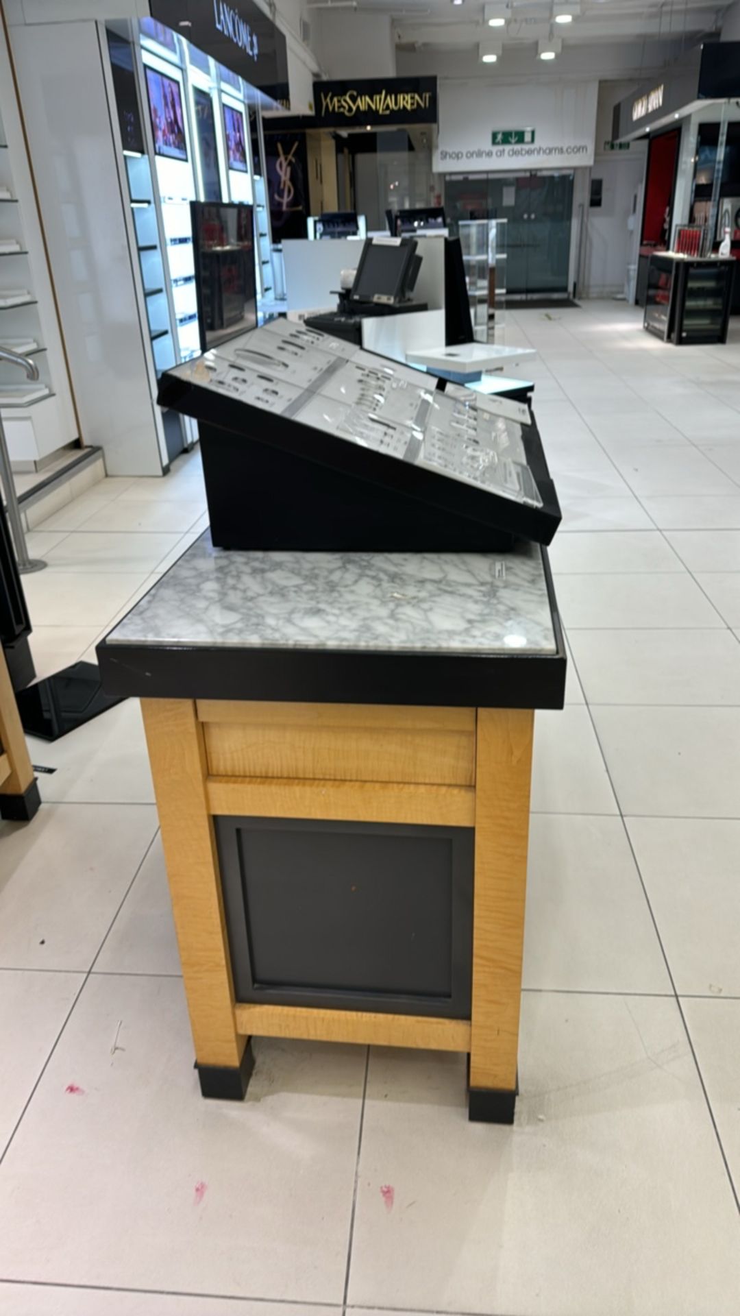 Wooden Table Display with Marble Top and Storage Drawers - Image 3 of 4