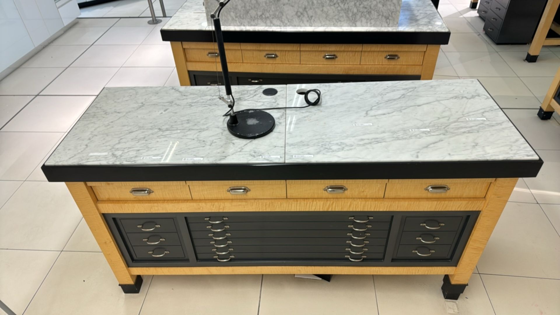 Wooden Table Display with Marble Top and Storage Drawers - Image 3 of 4