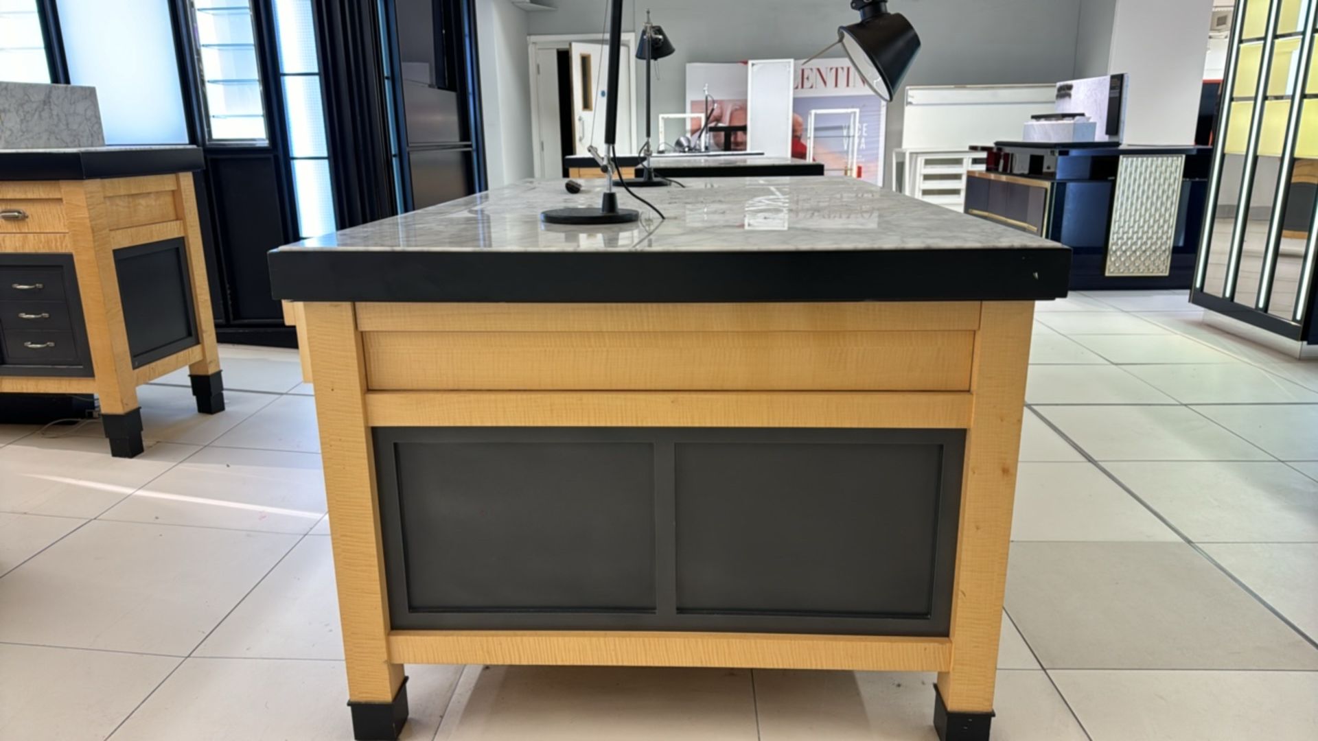 Wooden Table Display with Marble Top and Storage Drawers - Image 4 of 8