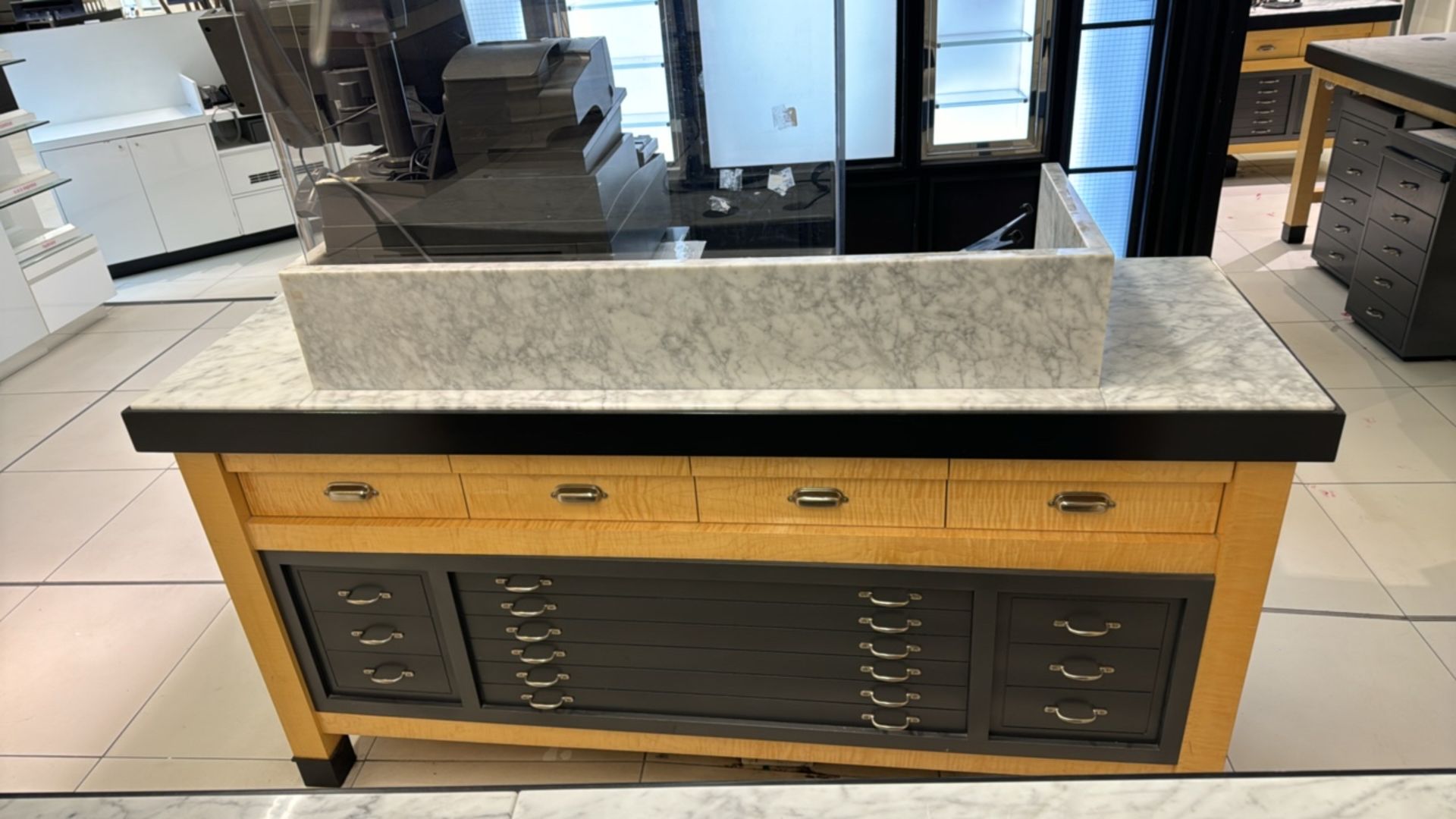 Wooden Table Display with Marble Top and Storage Drawers