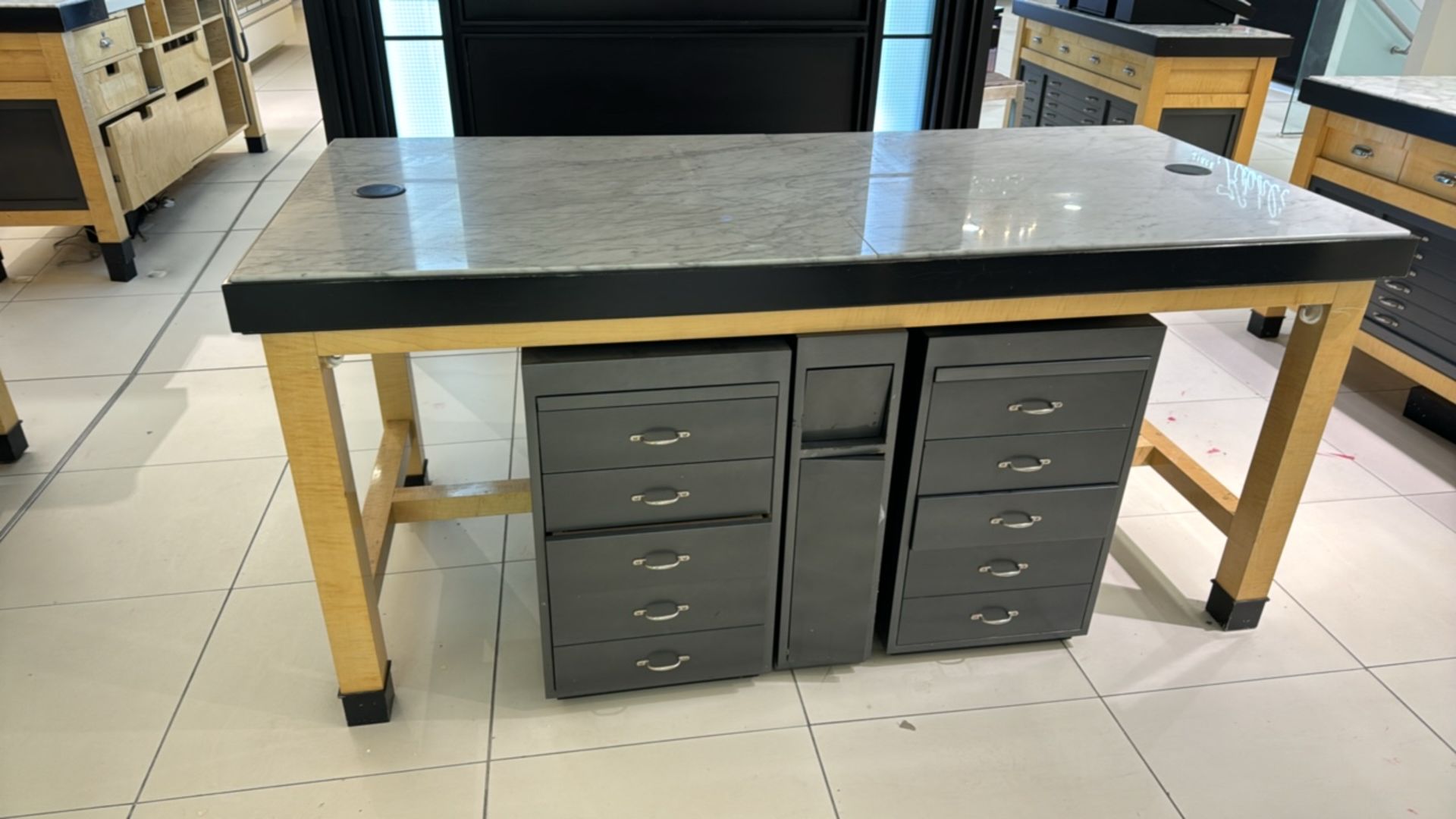 Wooden Table Display with Marble Top and Storage Drawers