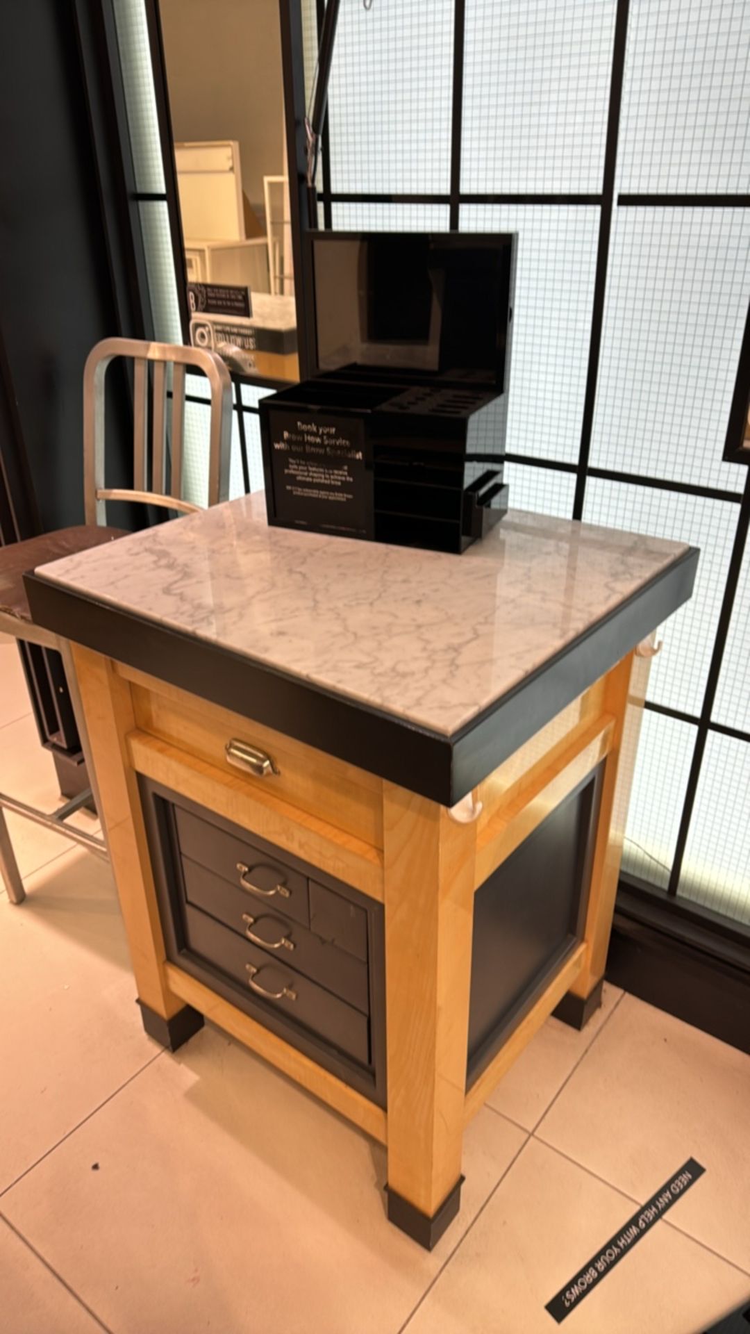 Wooden Table Display with Marble Top and Storage Drawers - Image 2 of 3