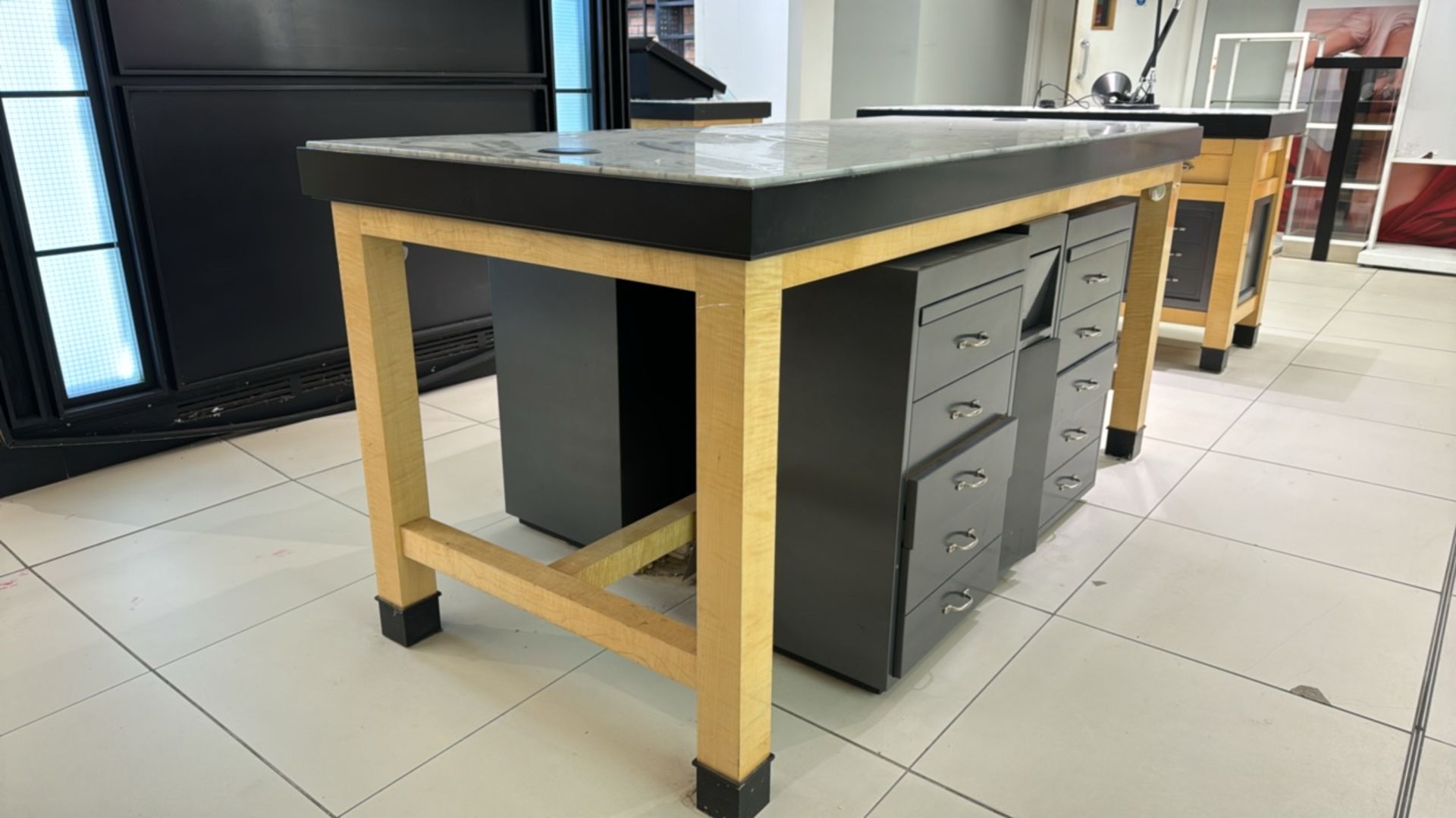 Wooden Table Display with Marble Top and Storage Drawers - Image 4 of 4