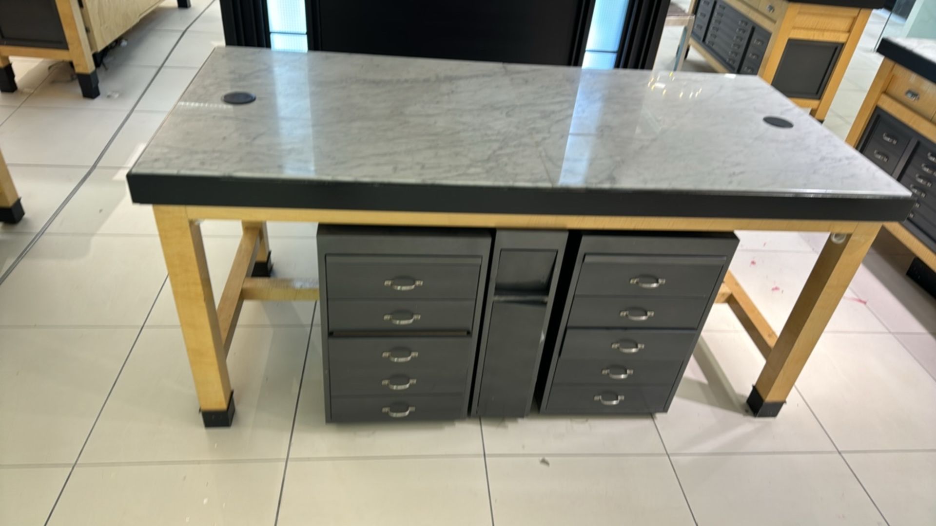Wooden Table Display with Marble Top and Storage Drawers - Image 2 of 4