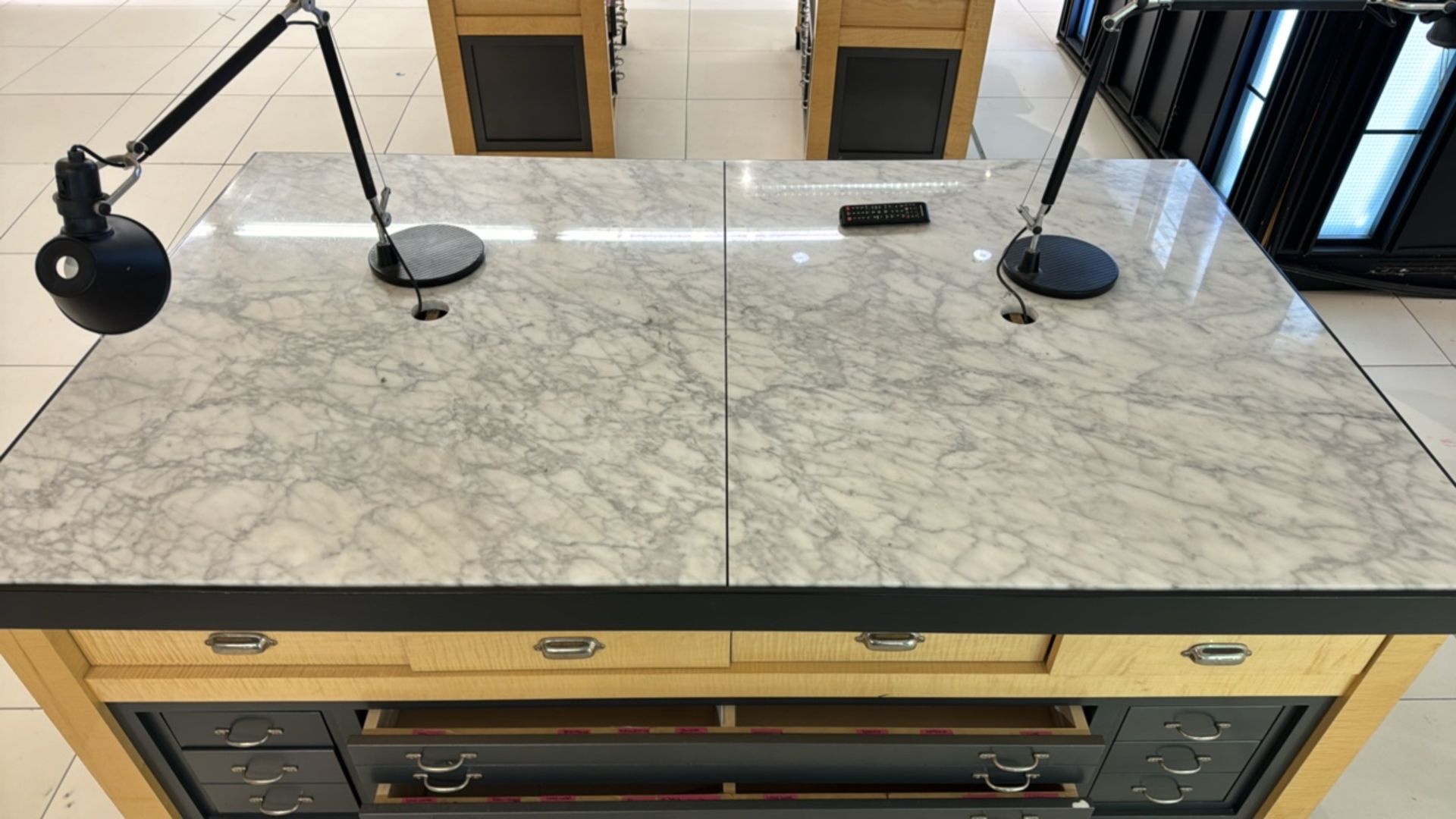 Wooden Table Display with Marble Top and Storage Drawers