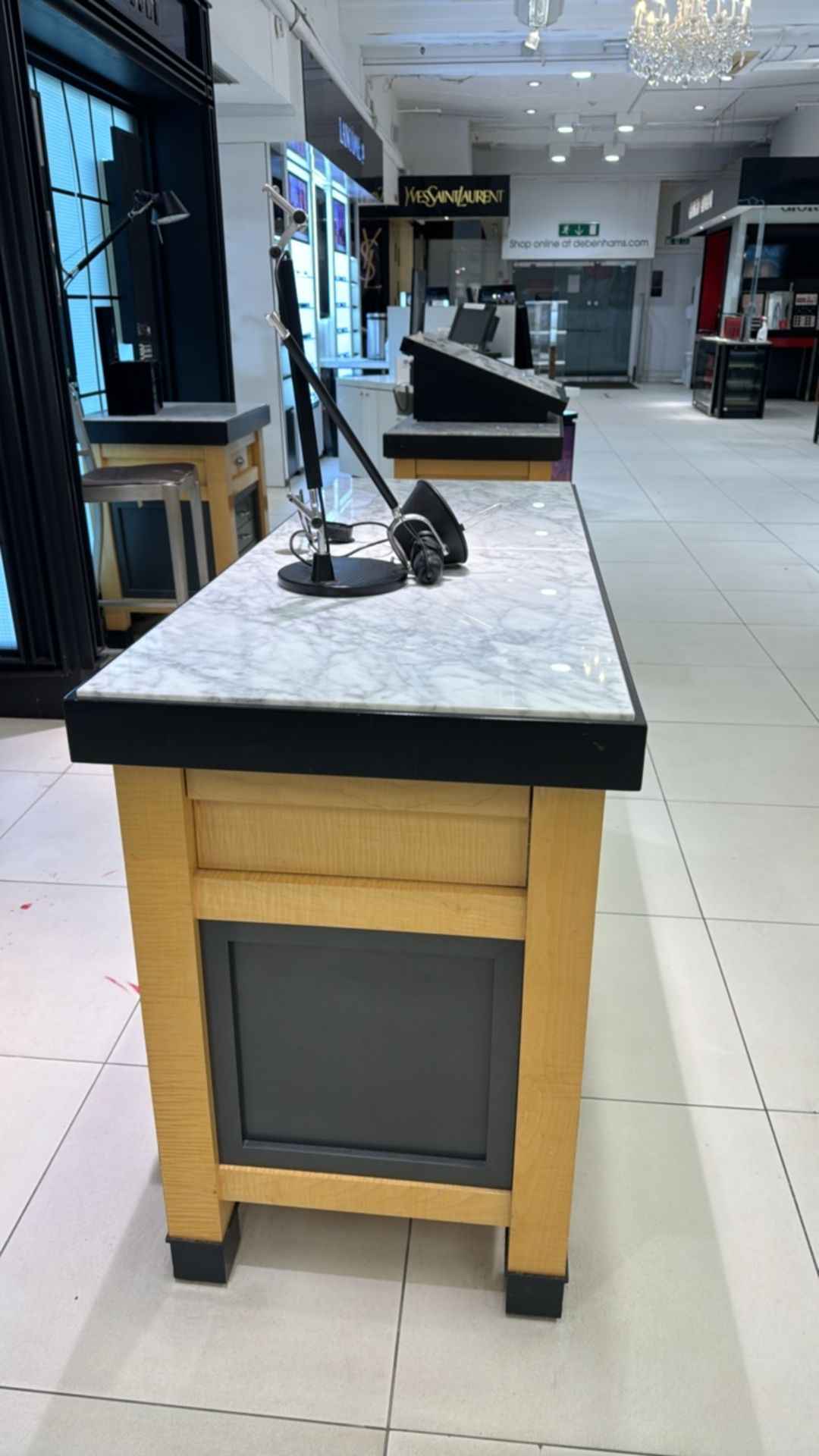 Wooden Table Display with Marble Top and Storage Drawers - Image 3 of 3