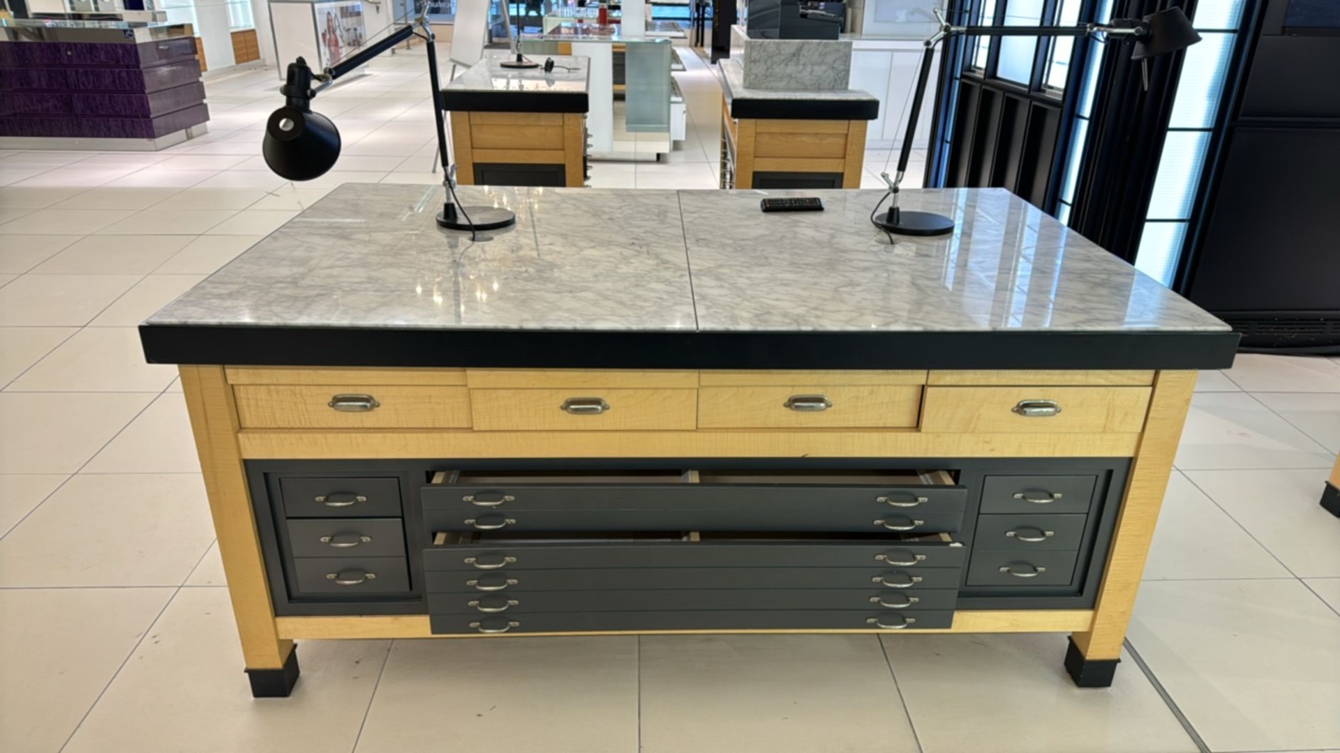 Wooden Table Display with Marble Top and Storage Drawers - Image 7 of 8