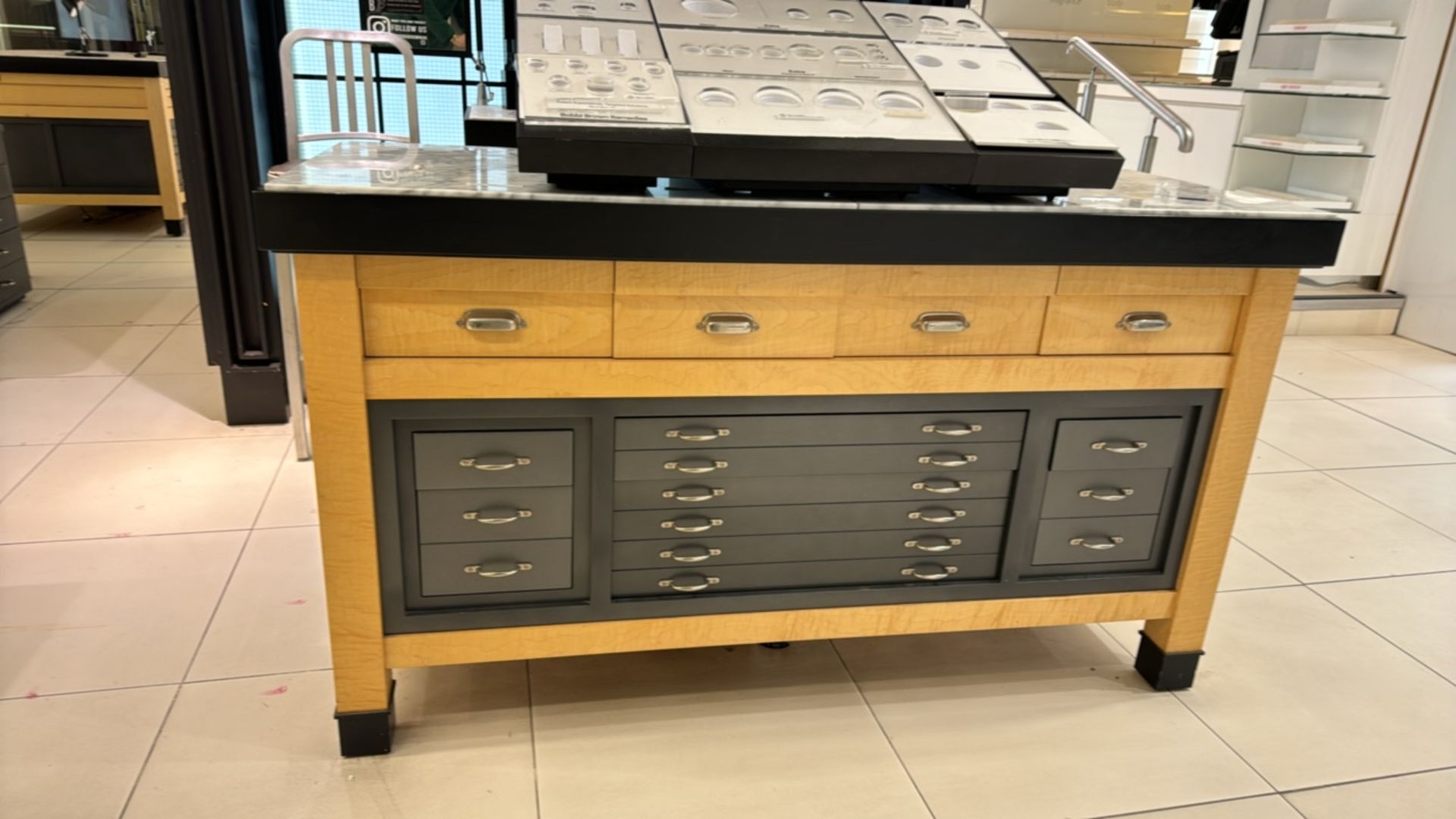 Wooden Table Display with Marble Top and Storage Drawers - Image 2 of 4