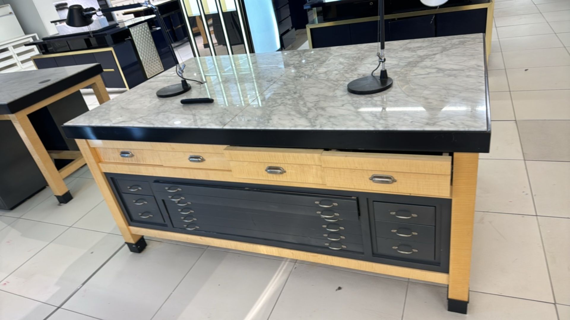 Wooden Table Display with Marble Top and Storage Drawers - Image 6 of 8