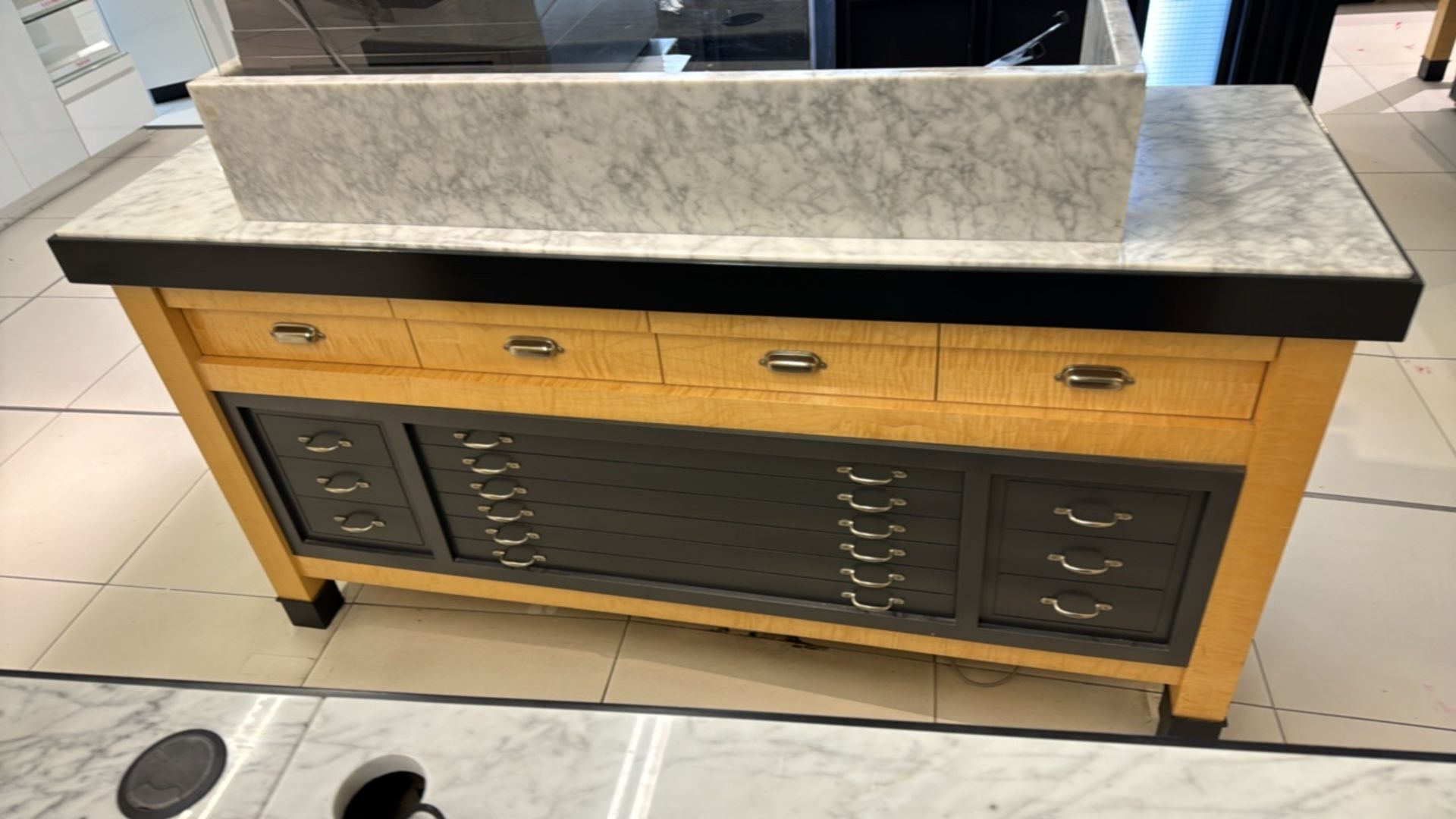 Wooden Table Display with Marble Top and Storage Drawers - Image 2 of 4
