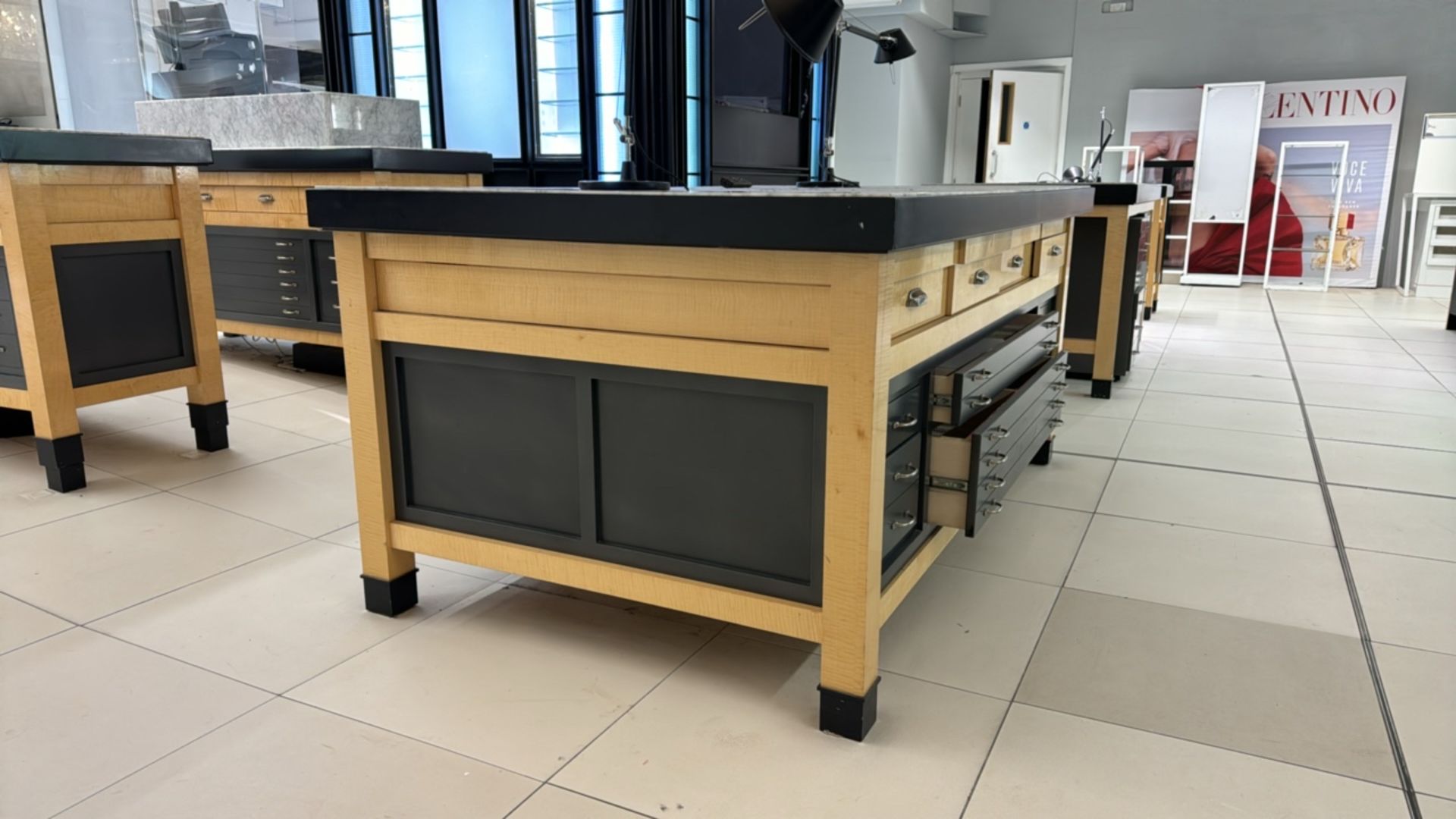 Wooden Table Display with Marble Top and Storage Drawers - Image 3 of 8