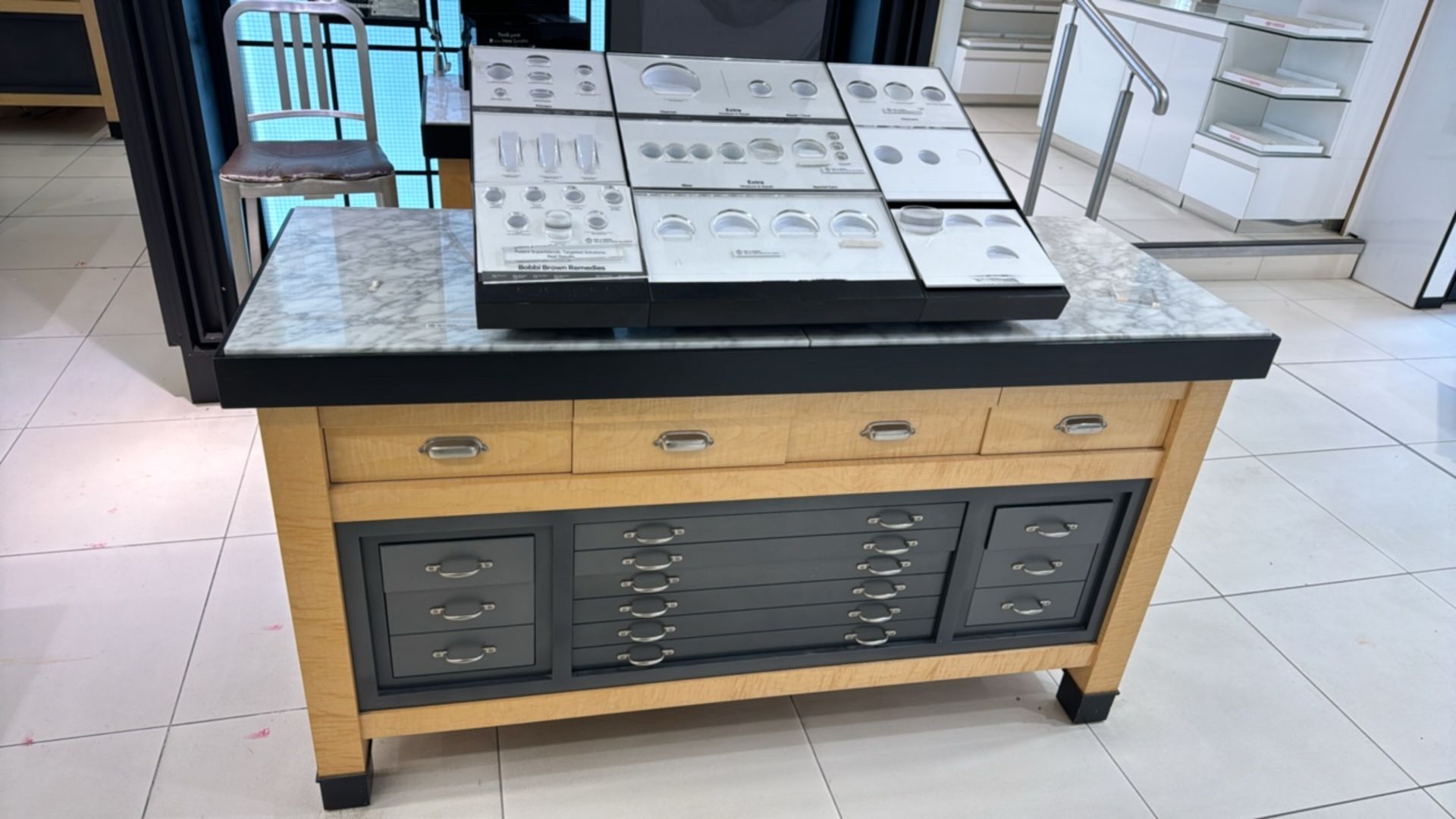 Wooden Table Display with Marble Top and Storage Drawers