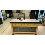 Wooden Table Display with Marble Top and Storage Drawers