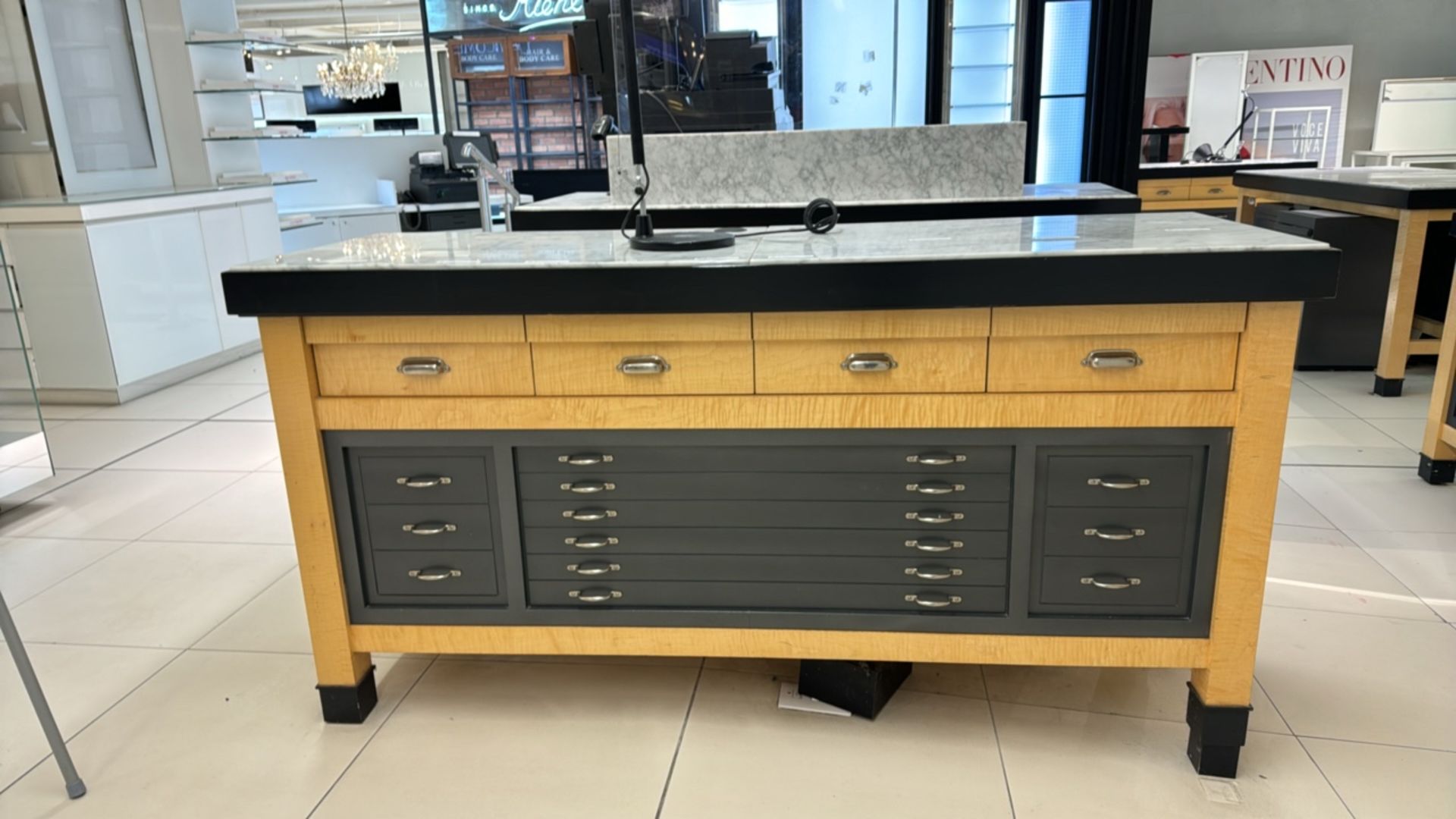 Wooden Table Display with Marble Top and Storage Drawers