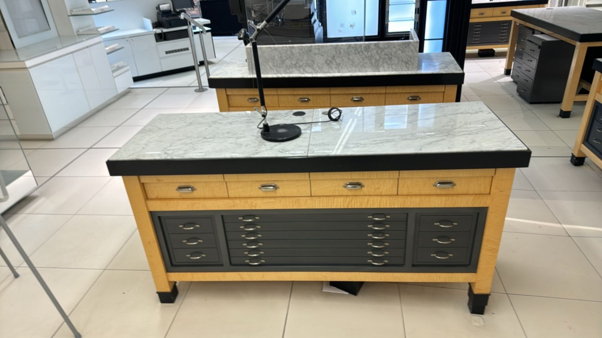 Wooden Table Display with Marble Top and Storage Drawers - Image 2 of 4