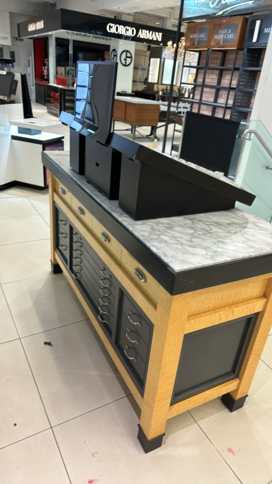 Wooden Table Display with Marble Top and Storage Drawers - Image 4 of 4