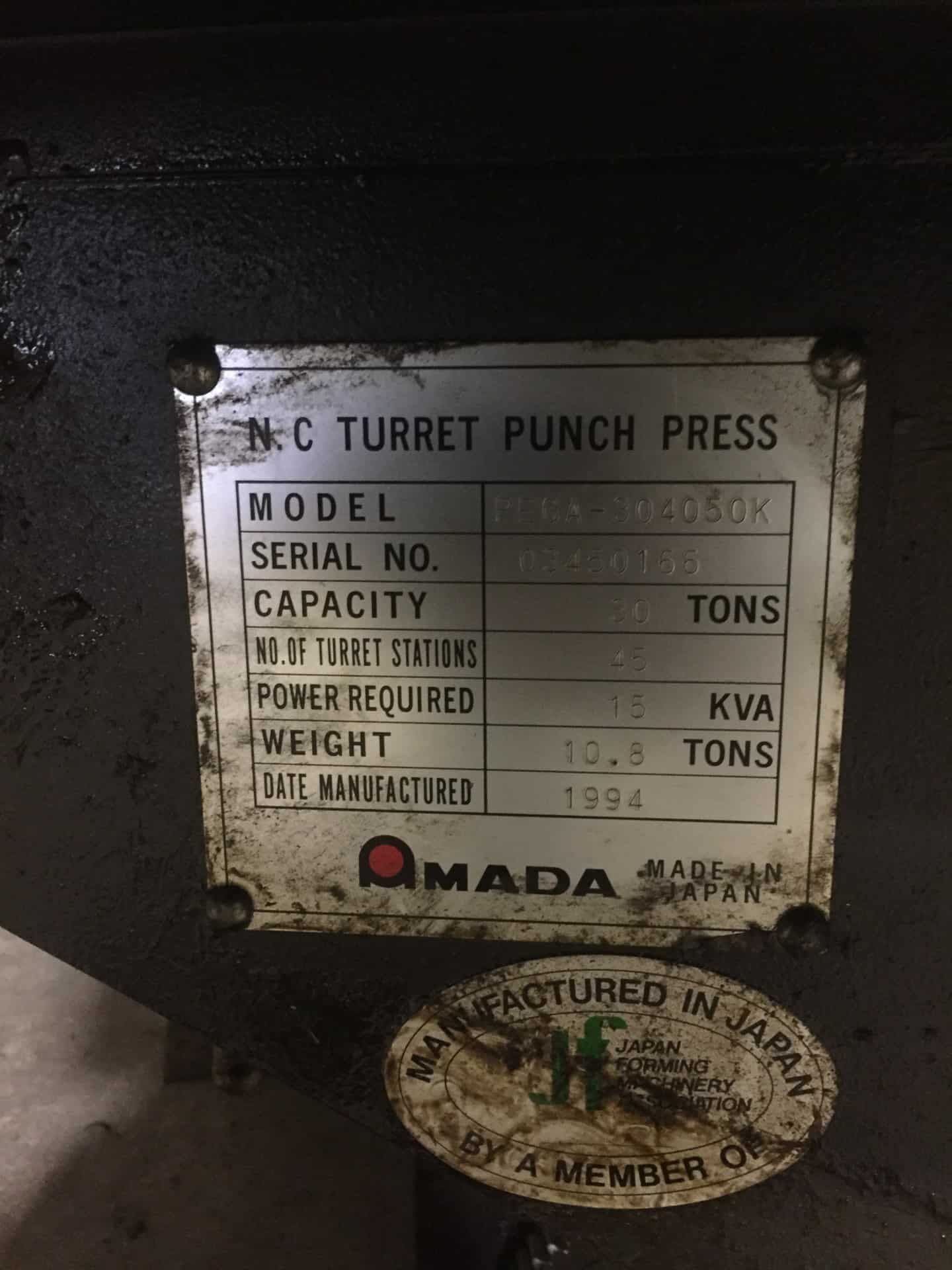 1994, AMADA Pega 345 30 Ton, 45 Station CNC Punch - 4 Auto Indexing Stations & Amadan 04PC - Image 3 of 6