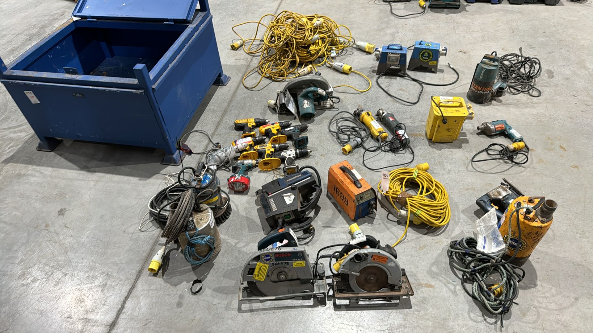 JOB LOT of Power Drills, Saws, Angle Grinders, Transformers & Cables + STORAGE UNIT- NO RESERVE