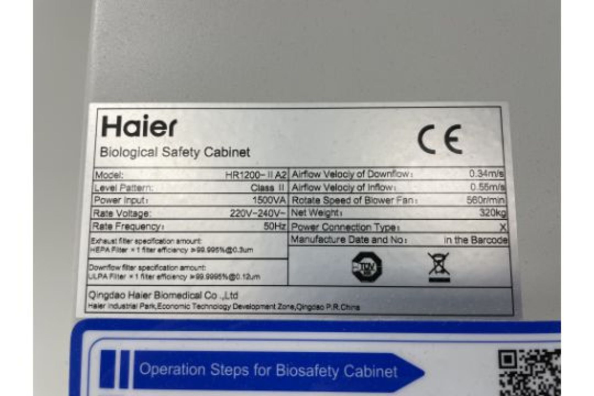 HAIER BIOMEDICAL HR1200-IIA2 BIOLOGICAL SAFETY CABINET - Image 3 of 3