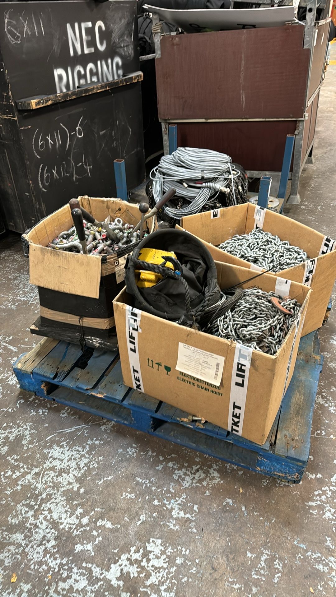 Pallet of Rigging Chains & Parts 3 boxes to include chains, hoist ...