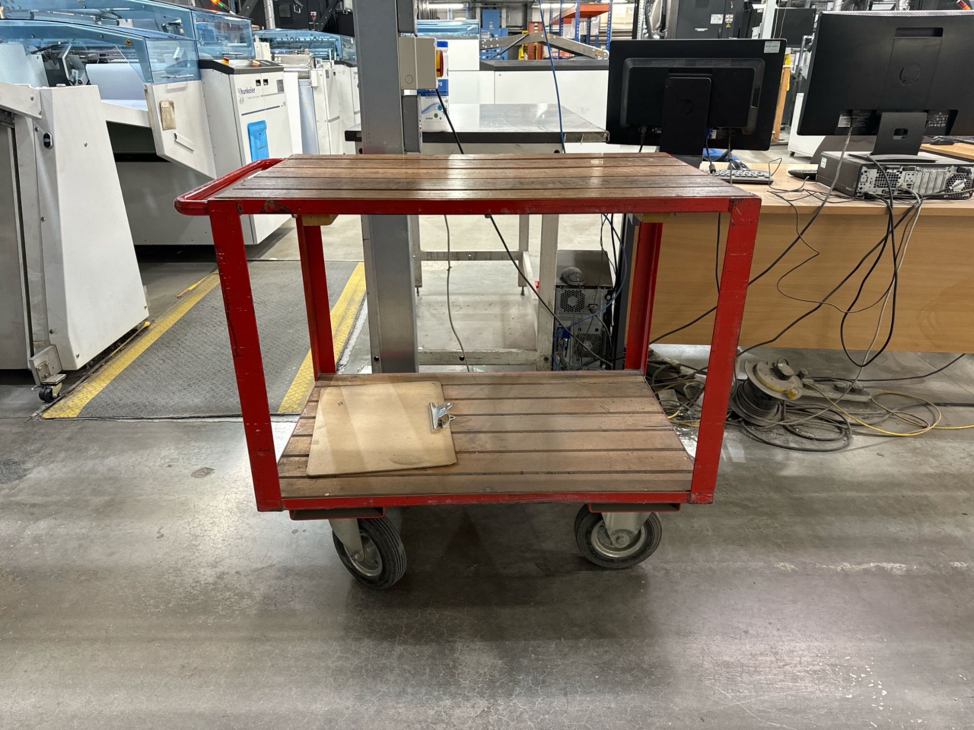 Red Metal Trolley With Wood Slats