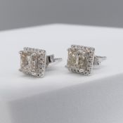Certificated square diamond cluster ear studs in 18ct white gold
