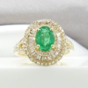 14ct yellow gold emerald and diamond triple halo ring with split design shoulders