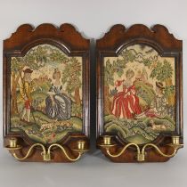 Pair of English Petit Point Walnut Framed Needlework Panels with Candle Sconces