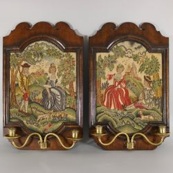 Pair of English Petit Point Walnut Framed Needlework Panels with Candle Sconces