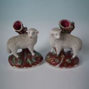 Pair Kent Staffordshire Pottery ram & ewe spill vases