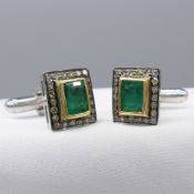 Pair of emerald and rose-cut diamond rectangular cufflinks