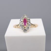 Antique, hand-made navette-style ruby and diamond ring with ridged shoulders