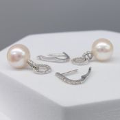 Detachable Omega clip pearl and diamond droplet earrings in white gold