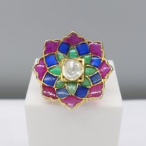 Large and vibrant diamond and stained glass floral cocktail ring