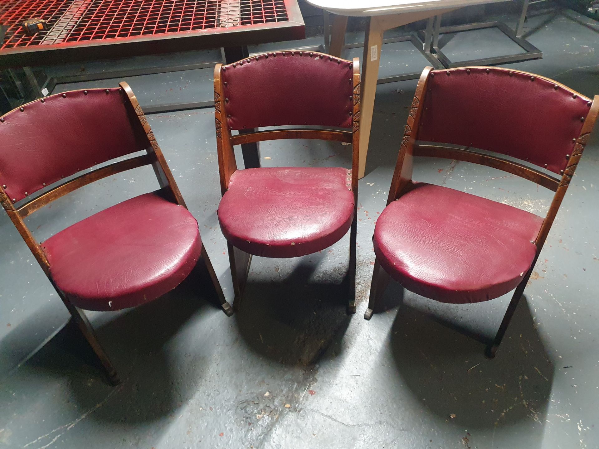 Carved Wooden Chairs With Leather Pads x3 - Image 2 of 4