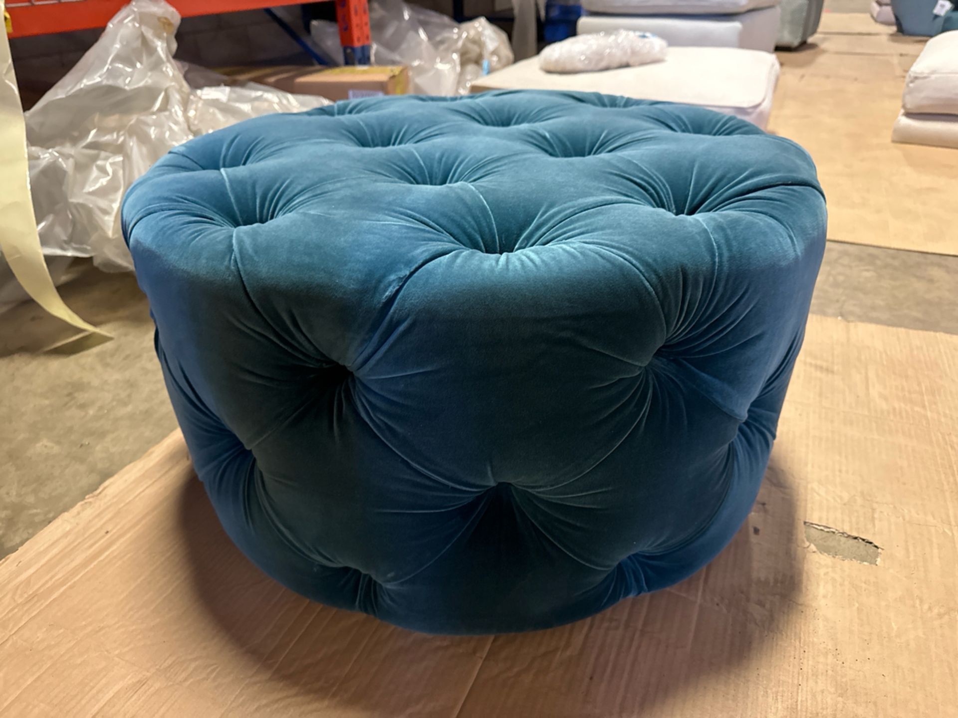 Georgette Round Footstool in Deep Turquoise Cotton Matt Velvet RRP - £920 - Image 4 of 4