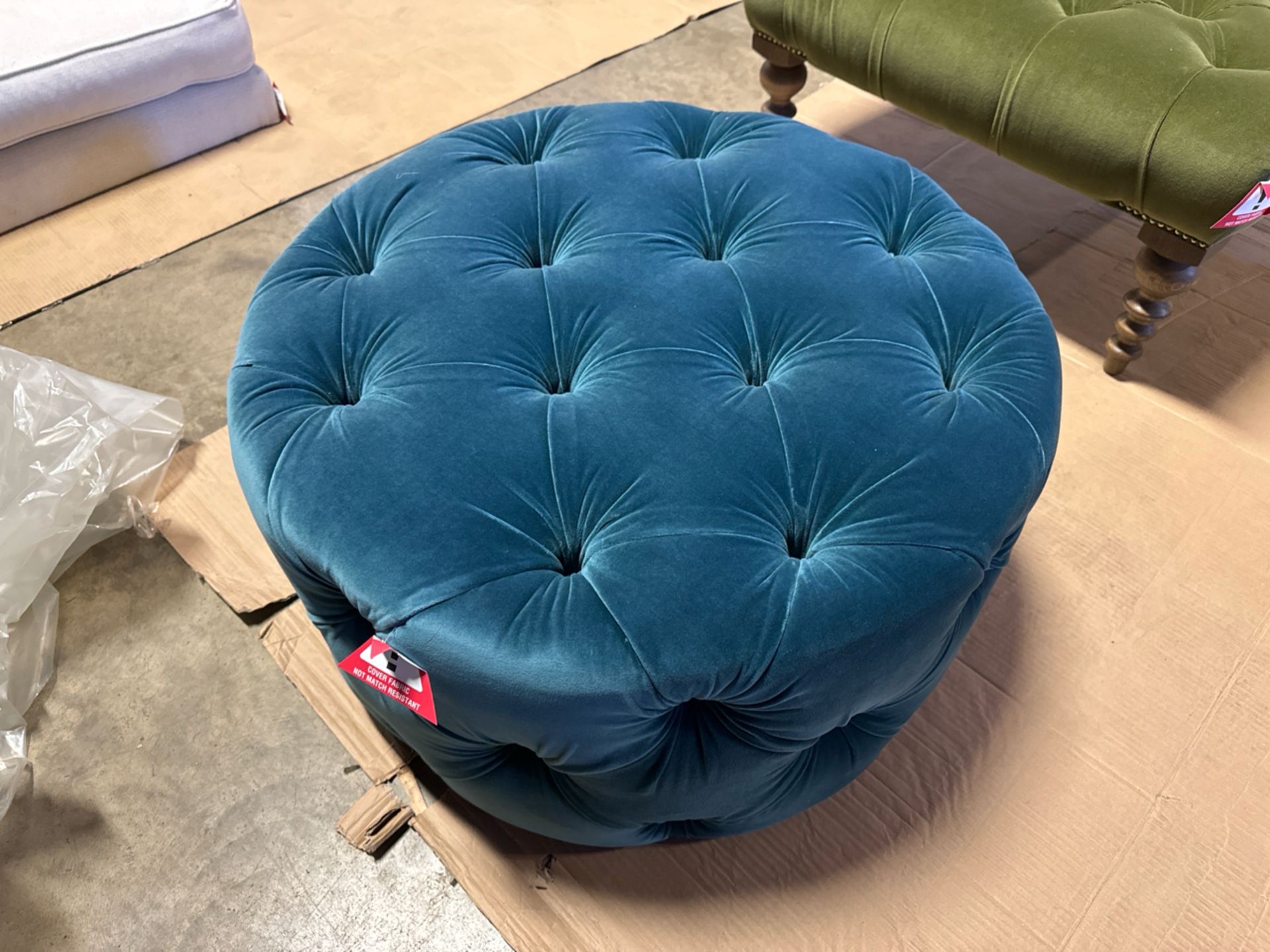 Georgette Round Footstool in Deep Turquoise Cotton Matt Velvet RRP - £920 - Image 3 of 4