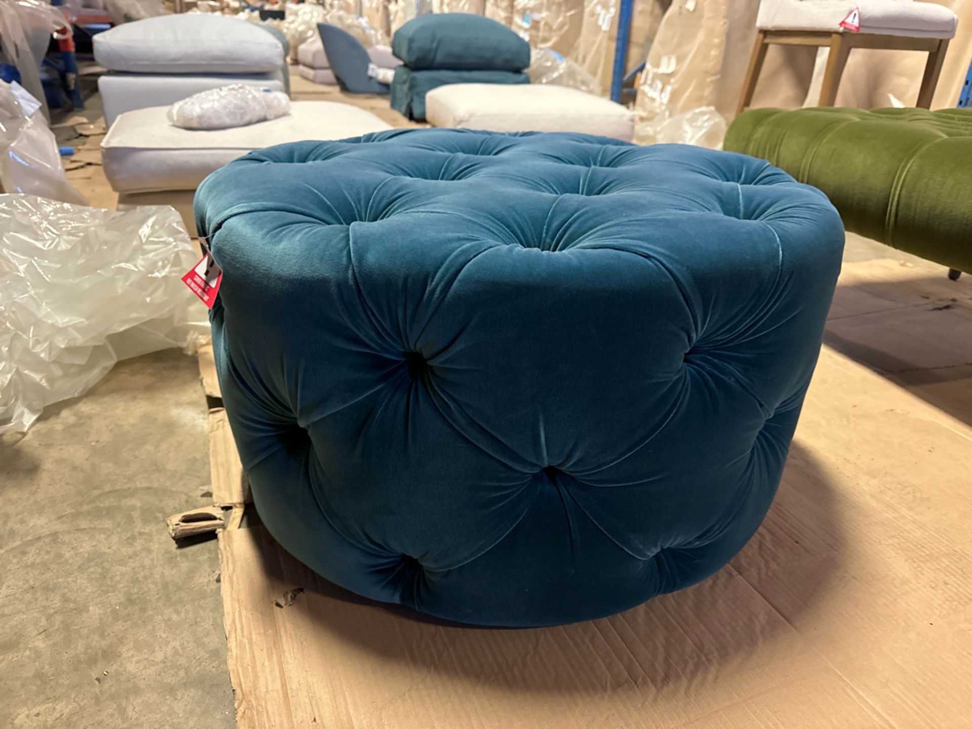 Georgette Round Footstool in Deep Turquoise Cotton Matt Velvet RRP - £920 - Image 2 of 4