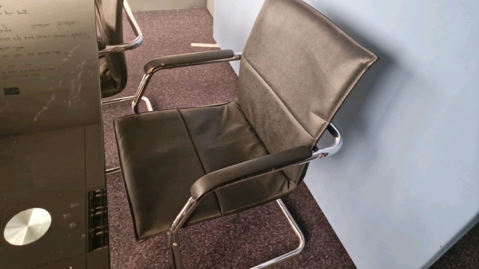 Glass Rectangle Conference Table & 4 x Black Leather Effect Stacking Chairs - Image 2 of 4