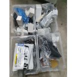 6 tubs with 70+ assorted items; glow plugs, indicators, door handles, door clips, etc