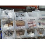 12 tubs with 100+ assorted items; glow plugs, ABS sensors, fuel caps, grills, etc