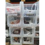 8 tubs with 90+ assorted items; door mirrors, glow plugs, ABS sensors, etc