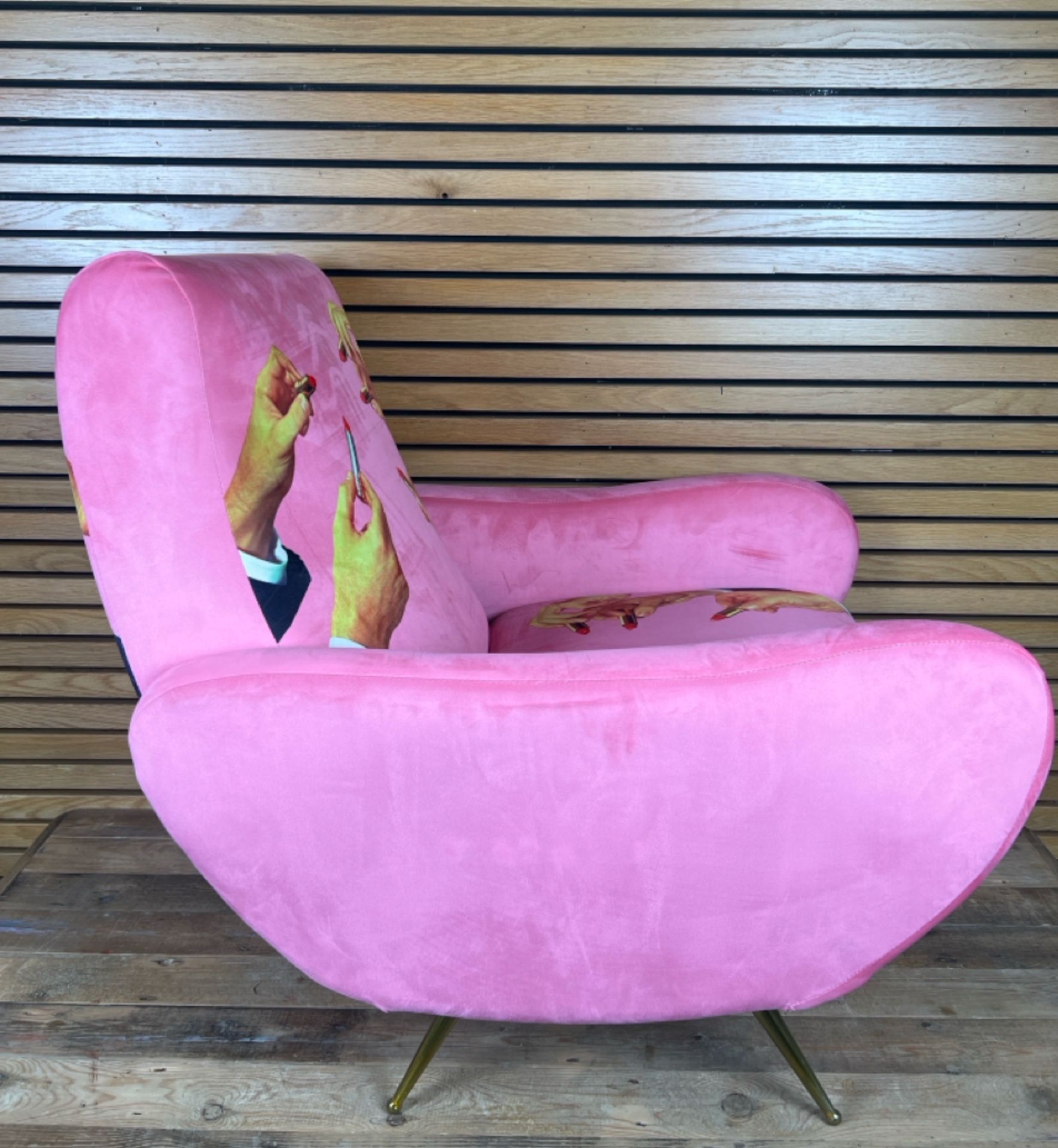 Seletti Wears Toilet Paper Upholstered Wooden Armchair in Pink With Lipstick Design - Image 3 of 4