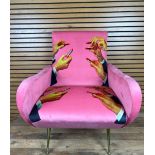 Seletti Wears Toilet Paper Upholstered Wooden Armchair in Pink With Lipstick Design