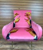 Seletti Wears Toilet Paper Upholstered Wooden Armchair in Pink With Lipstick Design