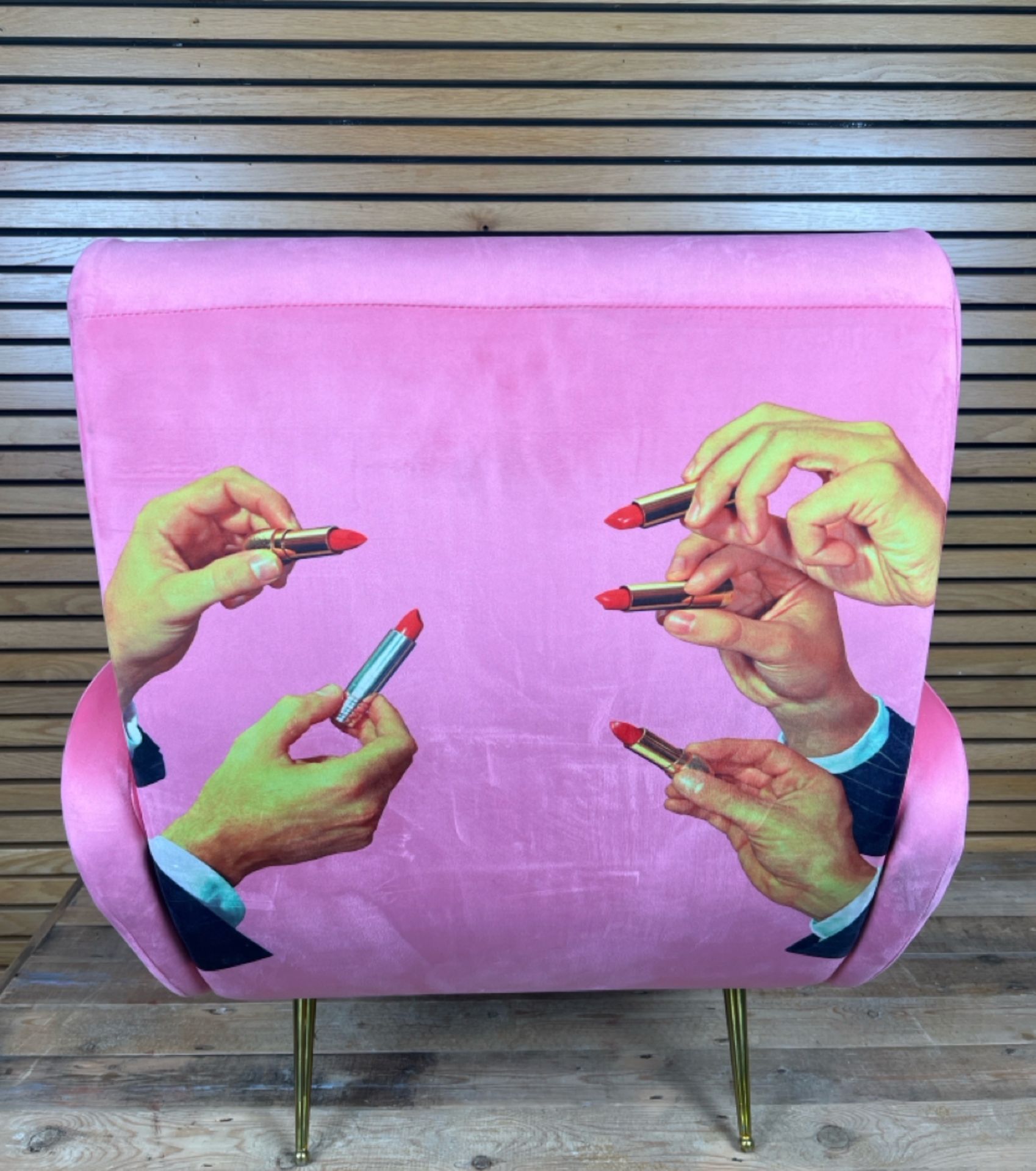 Seletti Wears Toilet Paper Upholstered Wooden Armchair in Pink With Lipstick Design - Image 4 of 4