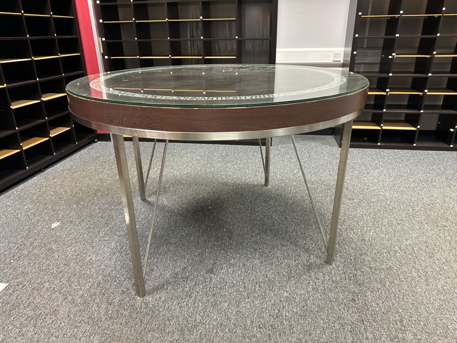 John Anthony Branded Circular Wood Table with Glass Top