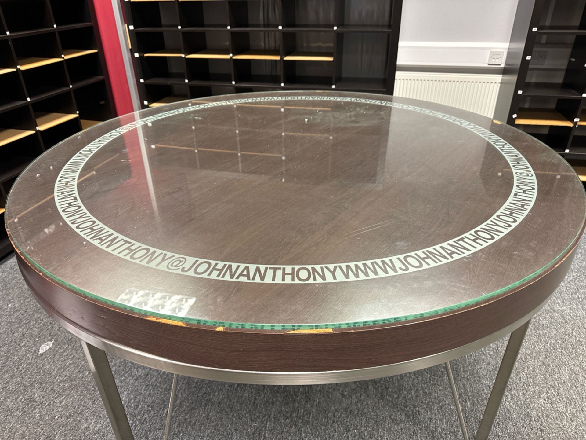 John Anthony Branded Circular Wood Table with Glass Top - Image 2 of 4