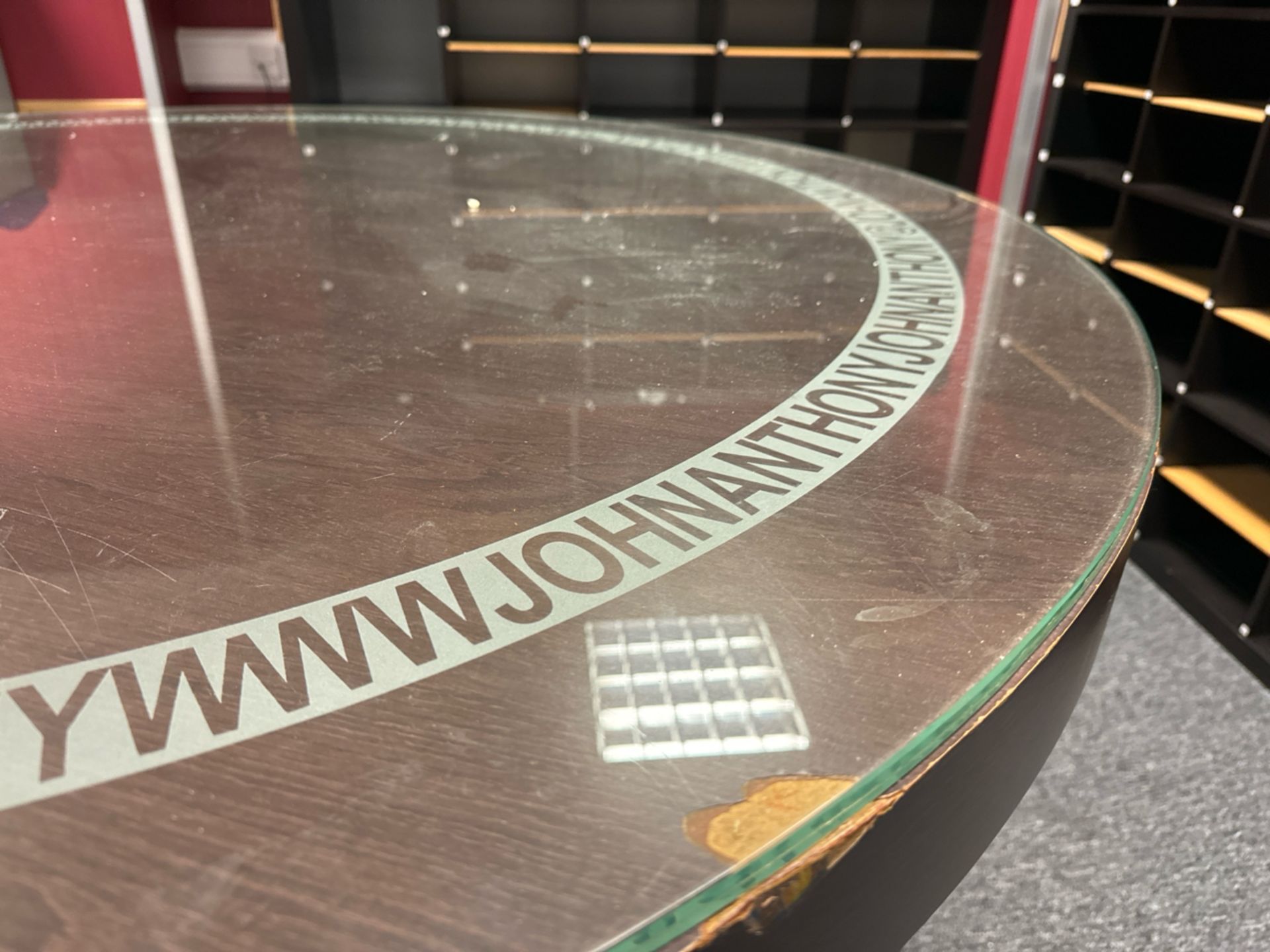 John Anthony Branded Circular Wood Table with Glass Top - Image 3 of 4