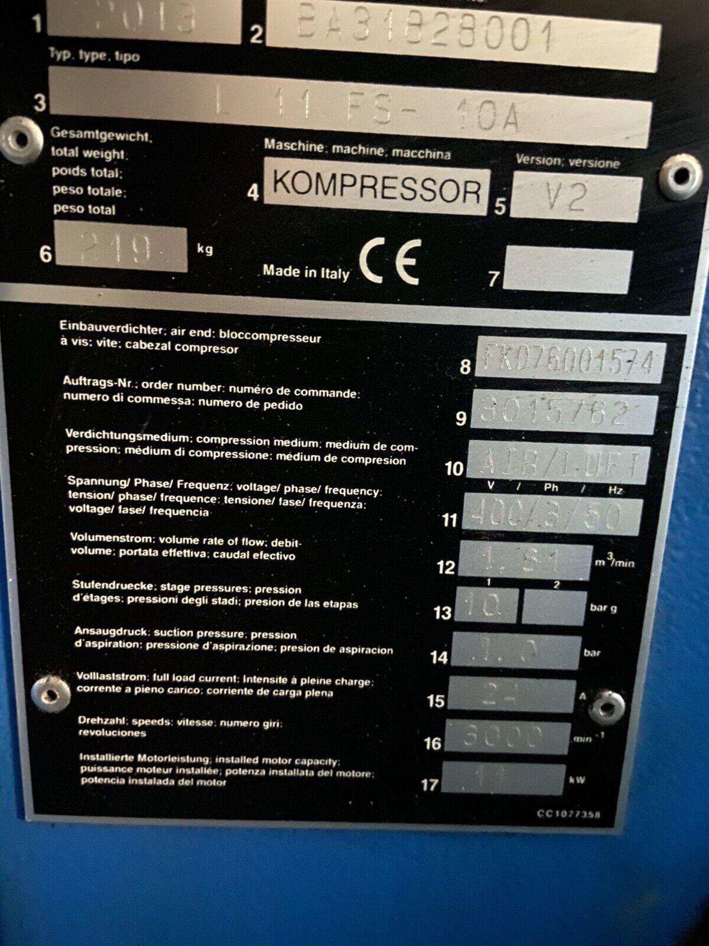 Compair L11 FS-10A Screw Compressor And Air Drier With 270L Receiver - Image 9 of 10